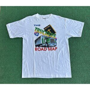 Vintage 90's Big Rig Truckers Road Map Bible Shirt Interstate Sign Mens L